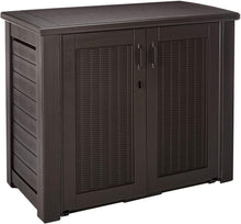 Load image into Gallery viewer, Rubbermaid Patio Chic Plastic Storage Bench, Dark Teak Basket Weave