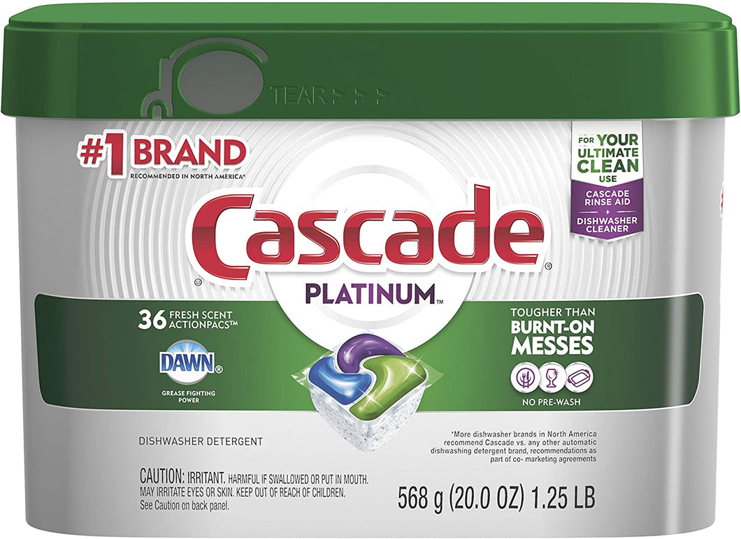 Cascade Platinum Dishwasher Pods, ActionPacs Detergent, Fresh Scent, 36 count