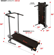 Load image into Gallery viewer, Sunny Health &amp; Fitness SF-T1407M Manual Walking Treadmill with LCD Display, Compact Folding, Portability Wheels and 220 LB Max Weight