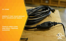 Load image into Gallery viewer, Woods 990261 16/3 SJTW 15-Foot General Purpose Black Extension, Tangle Free Medium Duty Garage and Workshop Power Cord