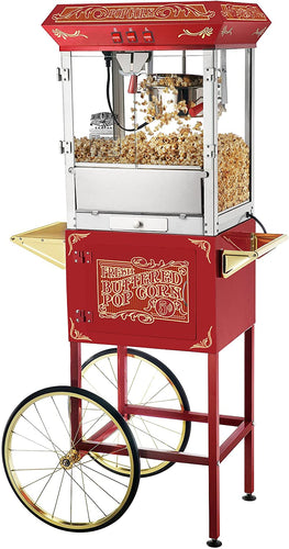 Great Northern Popcorn Old Time Popcorn Popper Machine with Cart, 8-Ounce, Red