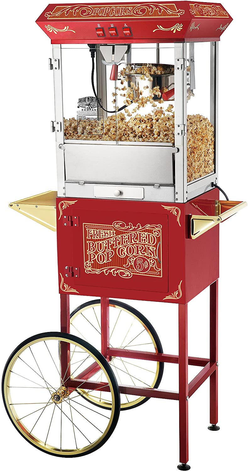 Great Northern Popcorn Old Time Popcorn Popper Machine with Cart, 8-Ounce, Red