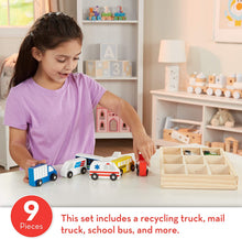Load image into Gallery viewer, Melissa &amp; Doug Wooden Town Vehicles Set (Wooden Storage Tray, 9 Pieces, Great Gift for Girls and Boys - Best for 3, 4, and 5 Year Olds)