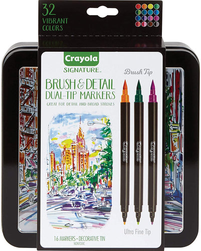 Crayola Brush & Detail Dual Tip Markers, Kids At Home Activities, 32 Colors, 16 Count