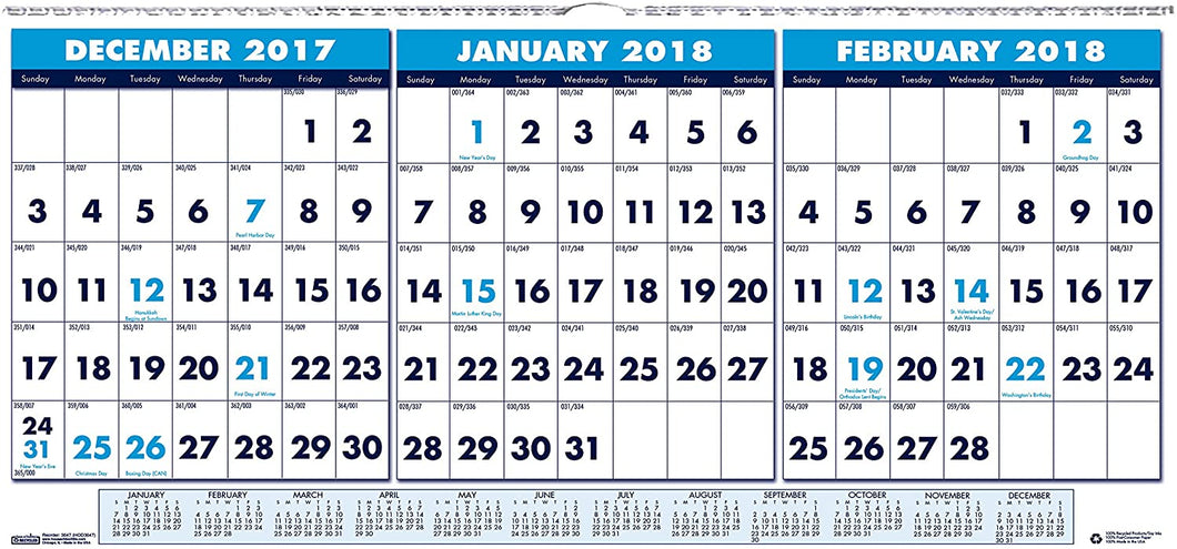 House of Doolittle 2018 Wall Calendar, Three-Month Horizontal, 23.5 x 12 Inches, December - January (HOD3648-18)