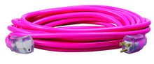 Load image into Gallery viewer, Southwire 02577-0A 25-Foot 12/3 Neon Outdoor Extension Cord, Made in the USA, Water Resistant Vinyl Jacket, Reinforced Blades, Clear Molded Plug With Power Indicated Light, Fluorescent Pink