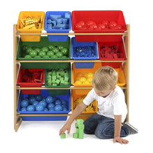 Load image into Gallery viewer, Tot Tutors Kids' Toy Storage Organizer with 12 Plastic Bins, Natural/Primary (Primary Collection)