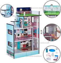 Load image into Gallery viewer, Teamson Kids - Dreamland Barcelona Wooden Pretend Play Doll House Dollhouse for 3.5" Doll with 10 Pieces of Furniture- Blue / White / Pink