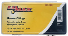 Load image into Gallery viewer, Lumax LX-4841 Gold/Silver (SAE) 1/4"-28 Taper and 1/8" P.T.F. 100 Piece Grease Fitting Assortment