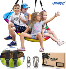 Load image into Gallery viewer, 60 Inch Platform Tree Swing for Kids and Adults – Giant Flying Outdoor Indoor Saucer Hammock – Large Surf Tire Swingset Accessories Toys - 2 Straps, 2 Carabiners, 1 Swivel - 600 Lbs Yard Swings Set