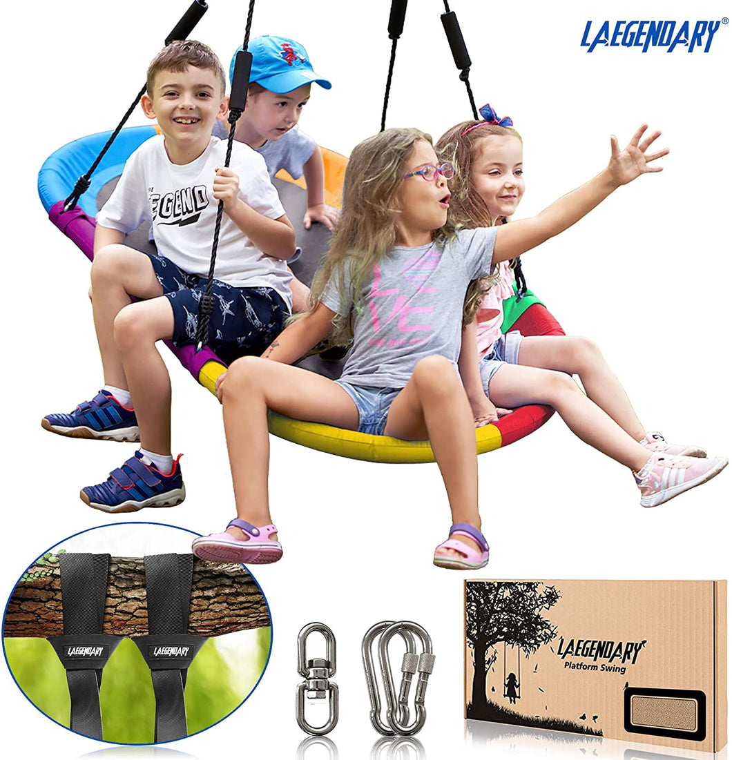 60 Inch Platform Tree Swing for Kids and Adults – Giant Flying Outdoor Indoor Saucer Hammock – Large Surf Tire Swingset Accessories Toys - 2 Straps, 2 Carabiners, 1 Swivel - 600 Lbs Yard Swings Set