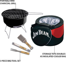 Load image into Gallery viewer, Jim Beam 5 Piece Parawood and Stainless Steel BBQ set with insulated cooler, sporting an exterior storage pocket and adjustable shoulder strap for easy portability