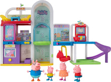 Load image into Gallery viewer, Peppa Pig Shopping Mall with Family, Includes 1 Connectable Mall Playset, 4 Character Toy Figures, 2 Chairs, 1 Pizza Table, 1 Toy Boat – Toys for Kids - Amazon Exclusive
