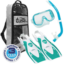 Load image into Gallery viewer, TUSA Sport Youth Mini-Kleio Mask, Snorkel, and Fins Travel Set, Clear Green, Medium