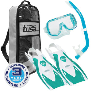 TUSA Sport Youth Mini-Kleio Mask, Snorkel, and Fins Travel Set, Clear Green, Medium