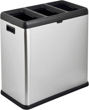 Load image into Gallery viewer, Step N' Sort 16 Gal, 3 Compartment Open Top Trash and Recycling Bin, Silver (OPN603)