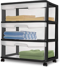 Load image into Gallery viewer, Sterilite 29309001 Wide 3 Drawer Cart, Black Frame with Clear Drawers and Black Casters, 1-Pack