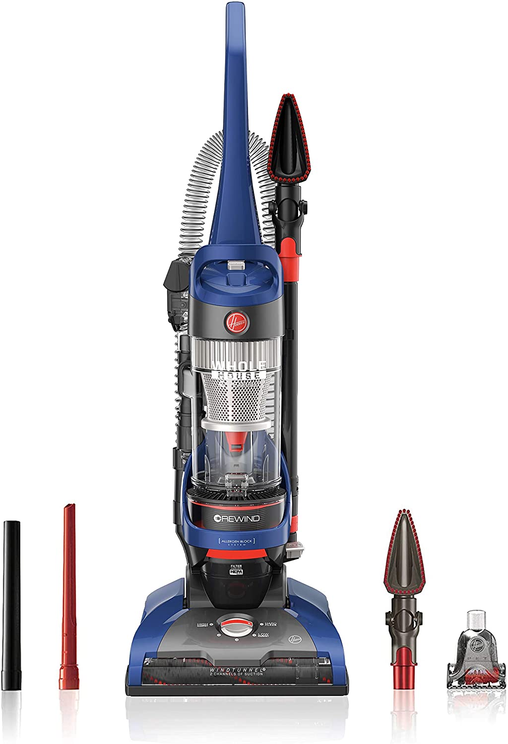 Hoover WindTunnel 2 Whole House Rewind Corded Bagless Upright Vacuum Cleaner with HEPA Media Filtration,UH71250, Blue