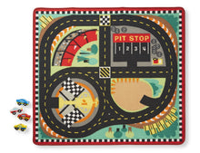 Load image into Gallery viewer, Melissa &amp; Doug Round the Speedway Race Track Rug With 4 Race Cars (39 x 36 inches)