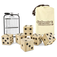 Load image into Gallery viewer, GoSports Giant 3.5&quot; Wooden Playing Dice Set with Bonus Rollzee Scoreboard (Includes 6 Dice, Dry-Erase Scoreboard and Canvas Carrying Bag)