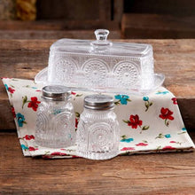 Load image into Gallery viewer, The Pioneer Woman Adeline Glass Butter Dish with Salt And Pepper Shaker Set
