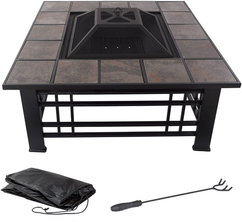 Fire Pit Set, Wood Burning Pit - Includes Spark Screen and Log Poker - Great for Outdoor and Patio, 32” Square Tile Firepit by Pure Garden