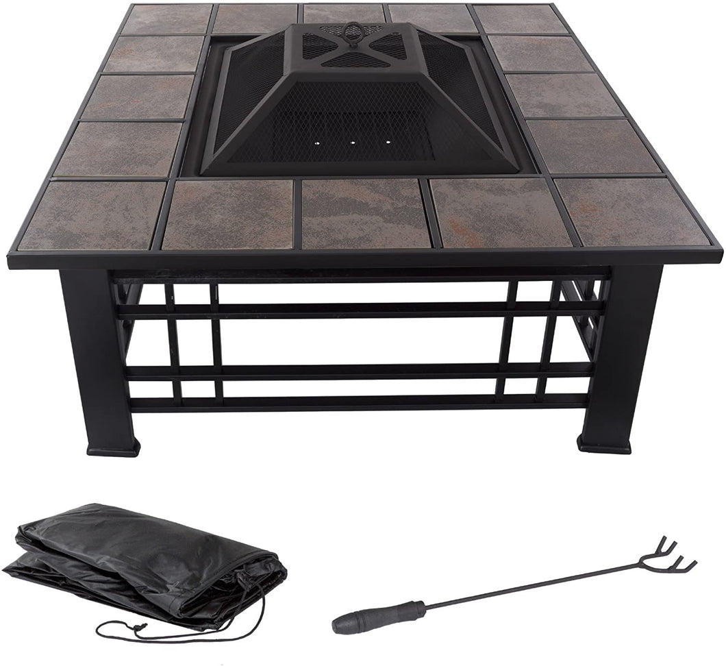 Fire Pit Set, Wood Burning Pit - Includes Spark Screen and Log Poker - Great for Outdoor and Patio, 32” Square Tile Firepit by Pure Garden