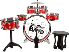 Load image into Gallery viewer, Toy Drum Set for Kids, 7 Piece Set with Bass Drum with Foot Pedal, Tom Drums, Cymbal, Stool and Drumsticks for Toddlers, Boys and Girls by Hey! Play!