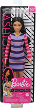 Load image into Gallery viewer, Barbie Fashionistas Doll #147 with Long Brunette Hair Wearing Striped Dress, Orange Shoes &amp; Necklace, Toy for Kids 3 to 8 Years Old