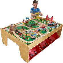 Load image into Gallery viewer, KidKraft Waterfall Mountain Wooden Train Set &amp; Table with 120 Pieces, 3 Storage Bins, Gift for ages 3+