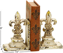 Load image into Gallery viewer, Distressed White Fleur de Lis Bookends, Pair: 5.5&quot; x 9&quot; Each