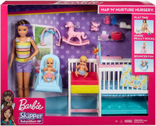 Load image into Gallery viewer, Barbie Nursery Playset with Skipper Babysitters Doll, 2 Baby Dolls, Crib and 10+ Pieces of Working Baby Gear and Themed Toys, Gift Set for 3 to 7 Year Olds, Multicolor