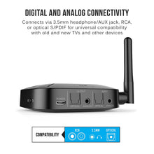 Load image into Gallery viewer, MEE audio Connect Hub Universal Dual Headphone and Speaker Bluetooth Audio Transmitter and Receiver for TV with aptX Low Latency, optical and analog pass-through, extended range, and volume boost