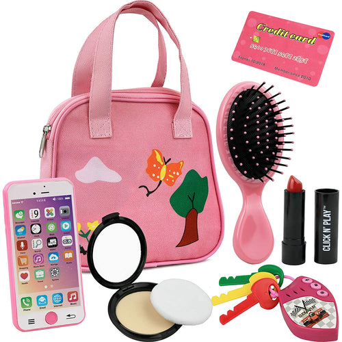 Click N' Play 8Piece Girls Pretend Play Purse, Including A Smartphone, Car Keys, Credit Card, Lipstick, Lights Up & Make Real Life Sounds