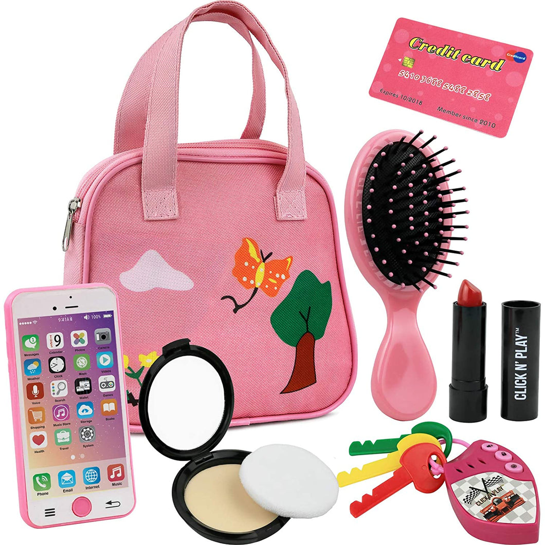 Click N' Play 8Piece Girls Pretend Play Purse, Including A Smartphone, Car Keys, Credit Card, Lipstick, Lights Up & Make Real Life Sounds