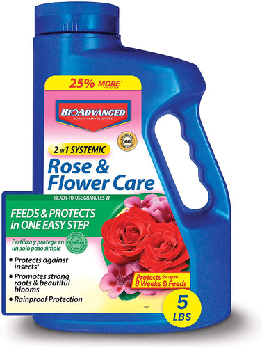 BioAdvanced 701100A 2-in-1 Systemic Rose & Flower Care Fertilizer, Insect Killer, 5-Pound, Granules