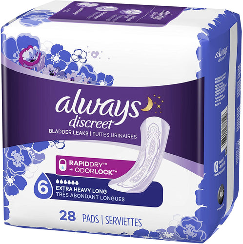 Always Discreet for Bladder Leaks, Ultimate Overnight, Long Length, 28 Pads