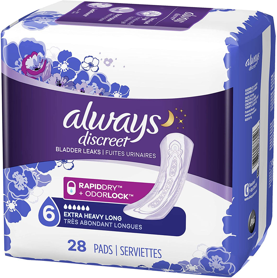 Always Discreet for Bladder Leaks, Ultimate Overnight, Long Length, 28 Pads
