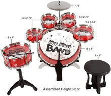 Load image into Gallery viewer, Toy Drum Set for Kids, 7 Piece Set with Bass Drum with Foot Pedal, Tom Drums, Cymbal, Stool and Drumsticks for Toddlers, Boys and Girls by Hey! Play!
