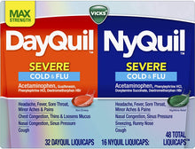 Load image into Gallery viewer, Vicks DayQuil and NyQuil SEVERE Cough, Cold and Flu Relief, 48 LiquiCaps (32 DayQuil and 16 NyQuil) - Sore Throat, Fever, and Congestion Relief, Day or Night (Packaging May Vary)