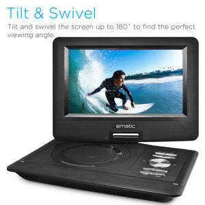 Ematic Portable DVD Player with 10-inch LCD Swivel Screen, Headphones and Car Headrest Mount, Black