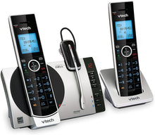 Load image into Gallery viewer, VTech DS6771-3 DECT 6.0 Expandable Cordless Phone with Connect to Cell, Siri and Google Now Access, Silver/Black, 2 Handsets and 1 Cordless Headset
