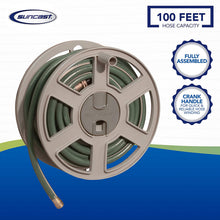 Load image into Gallery viewer, Suncast Sidetracker Garden Hose 100 ft Wall Mounted Tracker with Removable Reel Fully Assembled, feet, Taupe