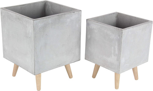 Deco 79 Fiber Clay and Wood Planter, Set of 2, Black/Light Brown, 15