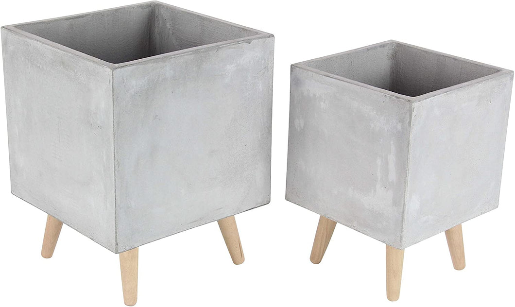 Deco 79 Fiber Clay and Wood Planter, Set of 2, Black/Light Brown, 15