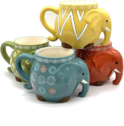 Elephant Coffee Mug Colorful Large Hand Painted & Glazed Stoneware Coffee Tea Cup Mug 17.5oz