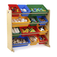 Load image into Gallery viewer, Tot Tutors Kids' Toy Storage Organizer with 12 Plastic Bins, Natural/Primary (Primary Collection)