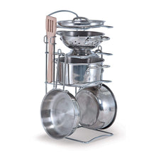 Load image into Gallery viewer, Melissa &amp; Doug Let’s Play House! Stainless Steel Pots &amp; Pans Play Set for Kids Construction, 8 Pieces, 13” H x 6” W x 6” L)