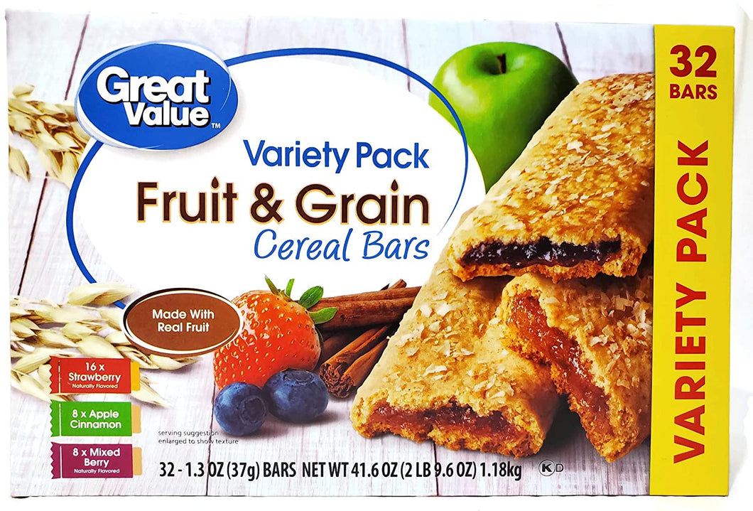 Great Value Fruit & Grain Bars, Variety Pack, 41.6 oz, 32 Count (Pack of 1)