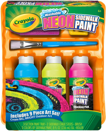 Crayola; Washable Neon Sidewalk Paint; Outdoor Art Tools; 3 Neon Paint Colors, Paint Brush, Roller and 3 Sidewalk Chalk Sticks